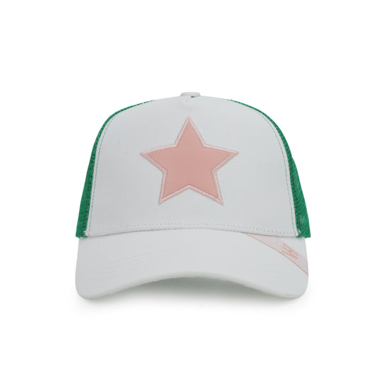 Vintage Havana Trucker Hat for Women – Green Mesh & Off-White Canvas Adjustable Cap with Pink Star