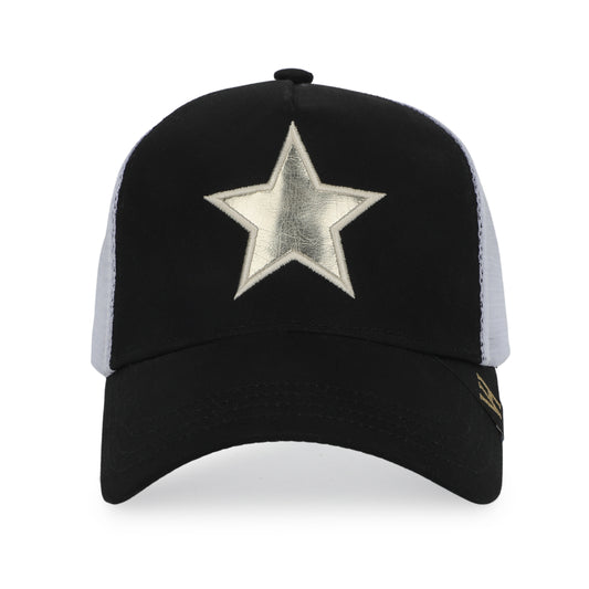 Vintage Havana Trucker Hat for Women – White Mesh & Black Canvas Adjustable Cap with Washed Gold Star