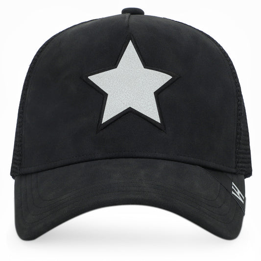 Vintage Havana Trucker Hat for Women & Men – Black Faux Nubuck Leather & Mesh Adjustable Cap with White Cracked Leather Star