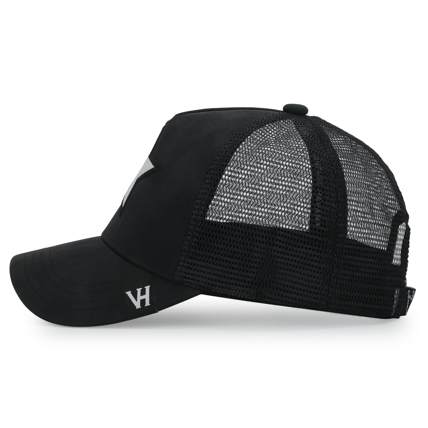Vintage Havana Trucker Hat for Women & Men – Black Faux Nubuck Leather & Mesh Adjustable Cap with White Cracked Leather Star