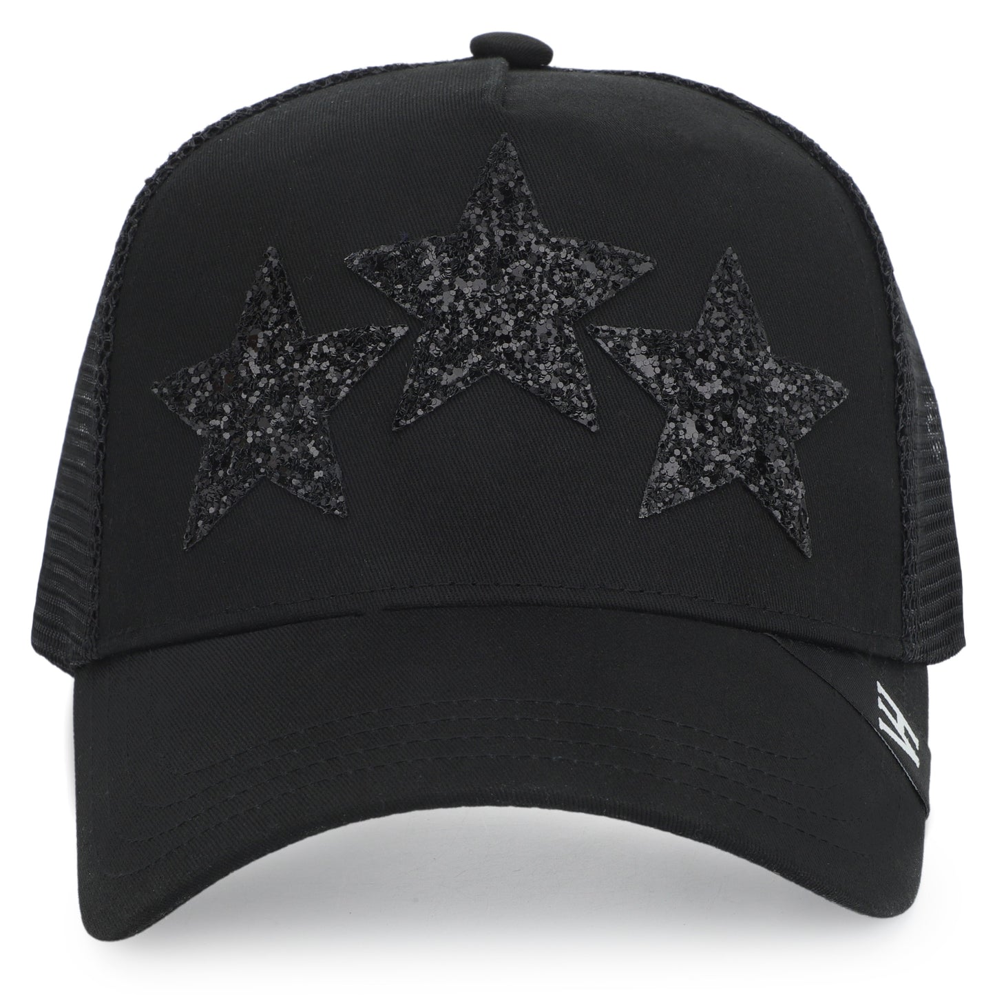 Vintage Havana Black Trucker Hat for Women – Canvas & Mesh Adjustable Snapback Baseball Cap with 3 Black Glitter Stars