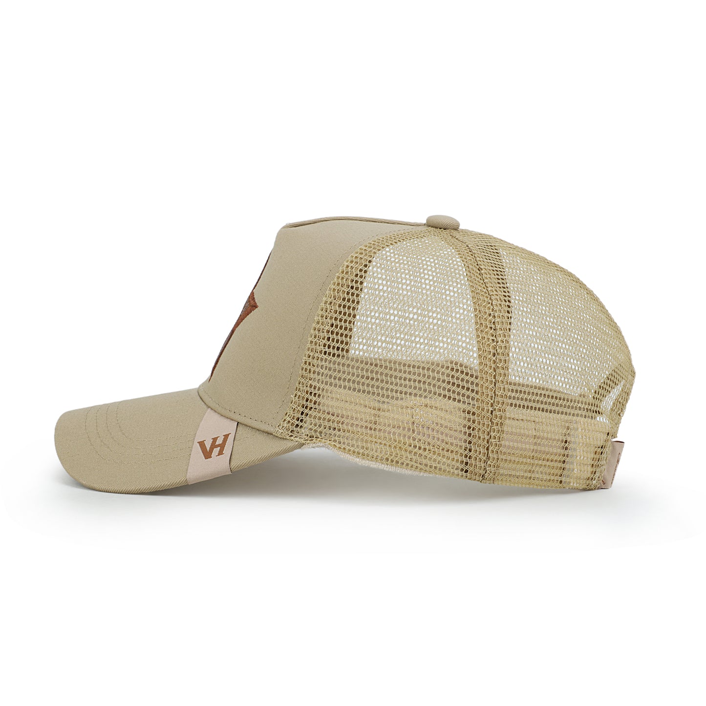 Vintage Havana Trucker Hat for Women & Men – Khaki Mesh & Canvas Adjustable Cap with Brown Cracked Leather Star