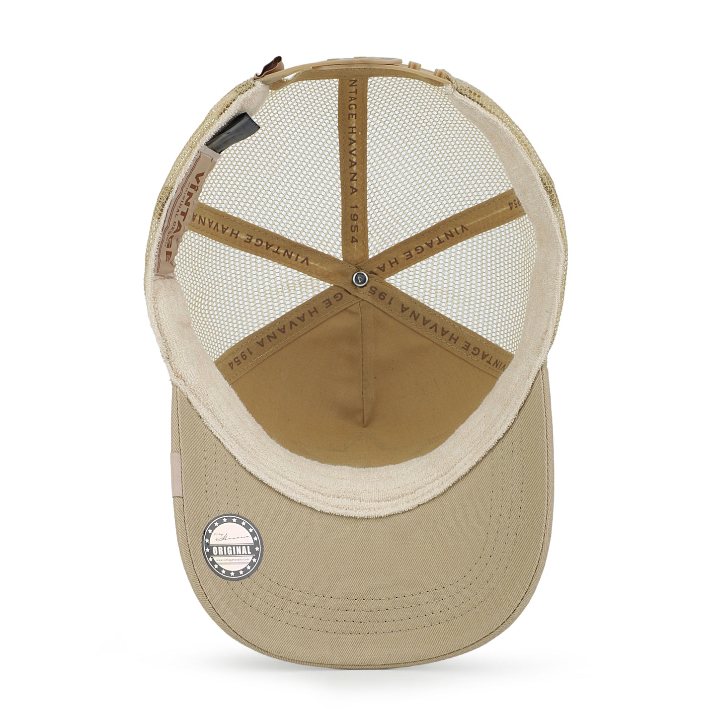 Vintage Havana Trucker Hat for Women & Men – Khaki Mesh & Canvas Adjustable Cap with Brown Cracked Leather Star