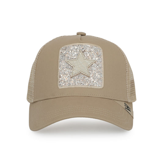 Vintage Havana Trucker Hat for Women – Khaki Mesh & Canvas Adjustable Cap with Glitter Patch & Crocodile Star