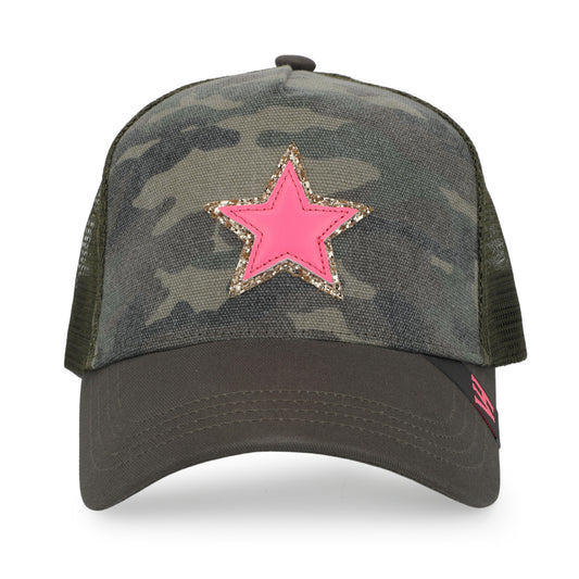 Vintage Havana Trucker Hat for Women – Camo Canvas & Mesh Adjustable Cap with Neon Pink Star