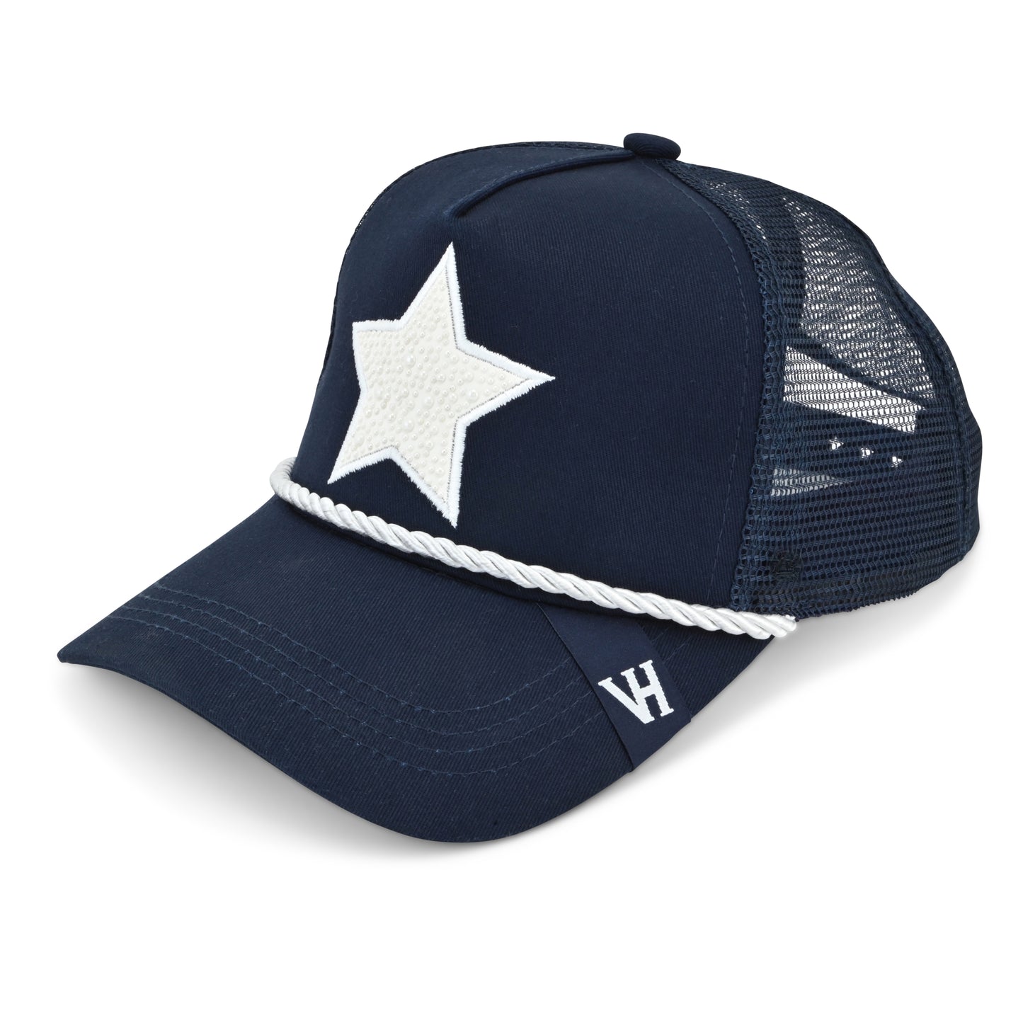 Vintage Havana Trucker Hat for Women – Navy Mesh & Canvas Adjustable Cap with Pearl Star & Rope