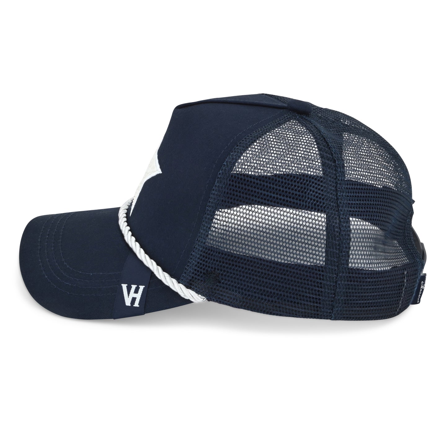 Vintage Havana Trucker Hat for Women – Navy Mesh & Canvas Adjustable Cap with Pearl Star & Rope