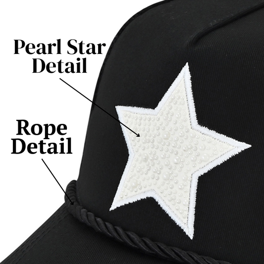 Vintage Havana Trucker Hat for Women – Black Mesh & Canvas Adjustable Cap with White Pearl Star & Rope