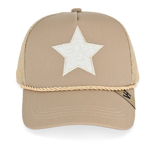 Vintage Havana Trucker Hat for Women – Khaki Mesh & Canvas Adjustable Cap with White Pearl Star & Rope