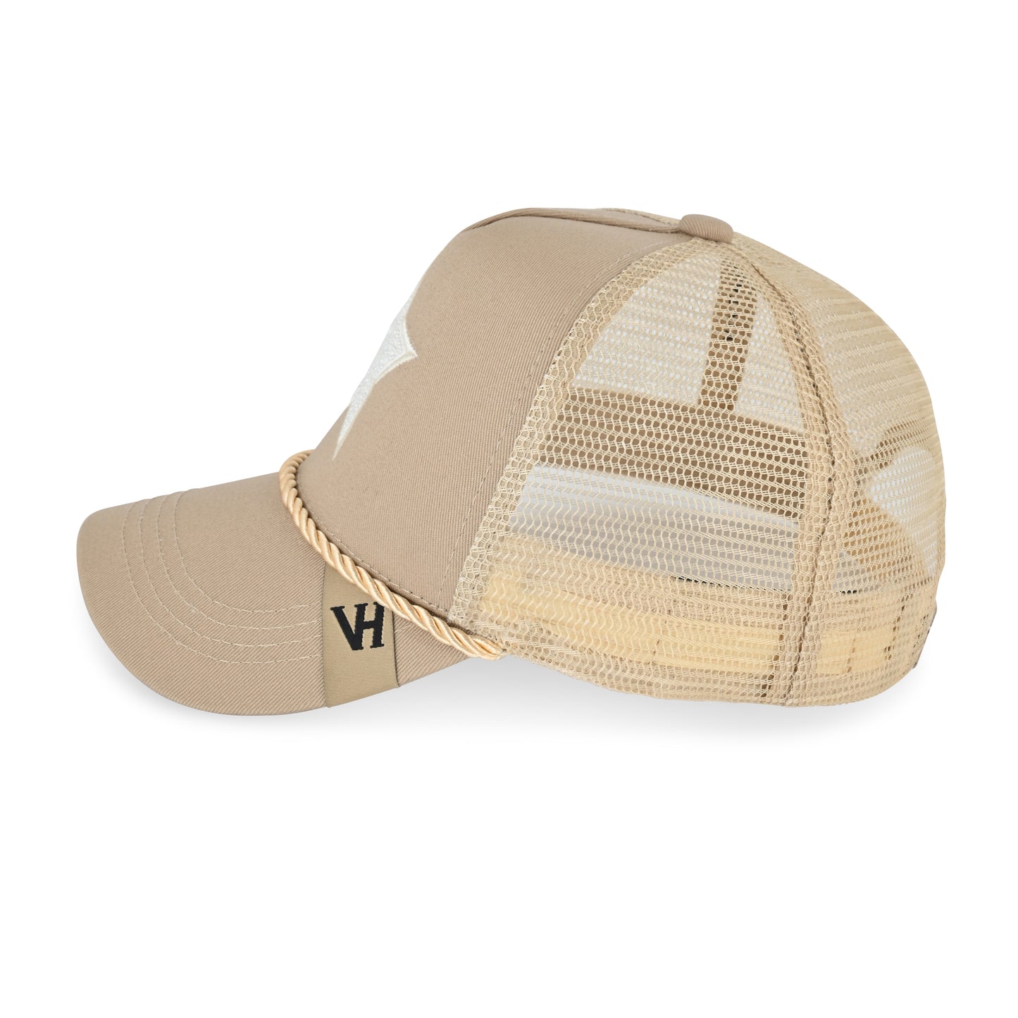Vintage Havana Trucker Hat for Women – Khaki Mesh & Canvas Adjustable Cap with White Pearl Star & Rope