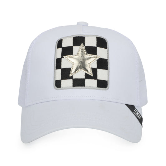 Vintage Havana Trucker Hat for Women – White Mesh & Canvas Adjustable Cap with Checkered Patch & Washed Gold Star