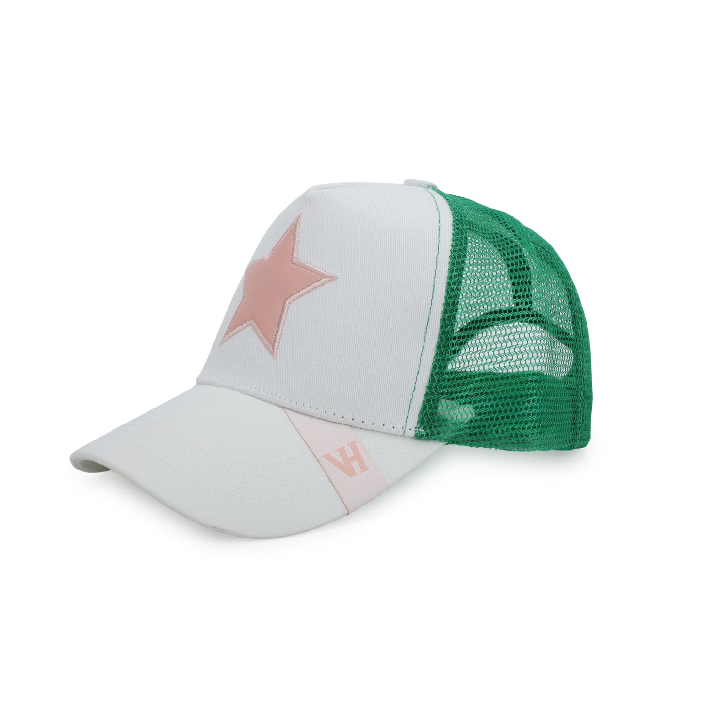 Vintage Havana Trucker Hat for Women – Green Mesh & Off-White Canvas Adjustable Cap with Pink Star