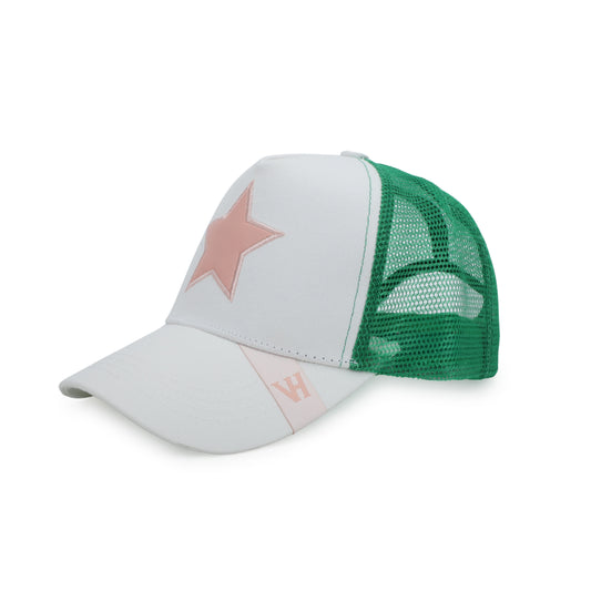 Vintage Havana Trucker Hat for Women – Green Mesh & Off-White Canvas Adjustable Cap with Pink Star