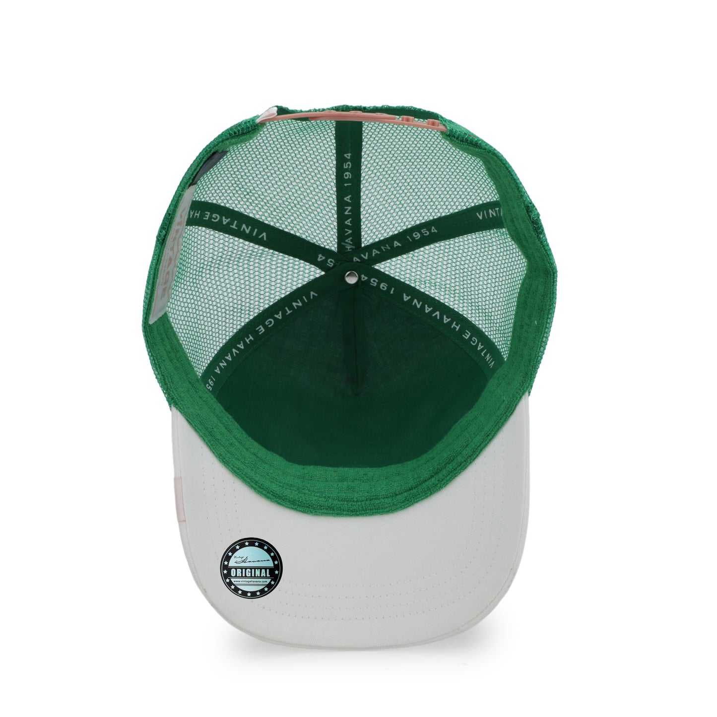 Vintage Havana Trucker Hat for Women – Green Mesh & Off-White Canvas Adjustable Cap with Pink Star