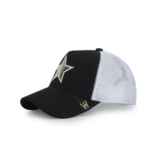 Vintage Havana Trucker Hat for Women – White Mesh & Black Canvas Adjustable Cap with Washed Gold Star