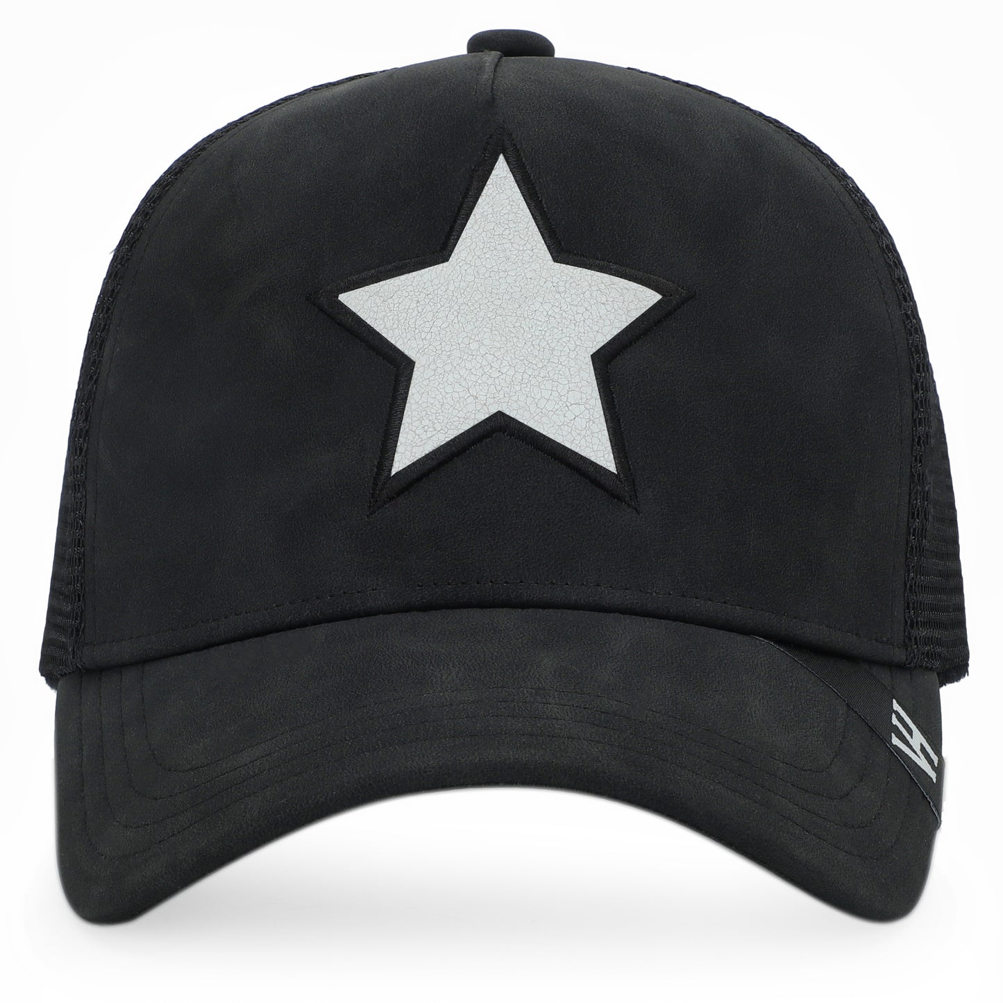 Vintage Havana Trucker Hat for Women & Men – Black Faux Nubuck Leather & Mesh Adjustable Cap with White Cracked Leather Star