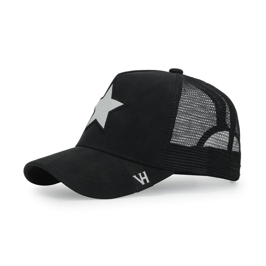 Vintage Havana Trucker Hat for Women & Men – Black Faux Nubuck Leather & Mesh Adjustable Cap with White Cracked Leather Star