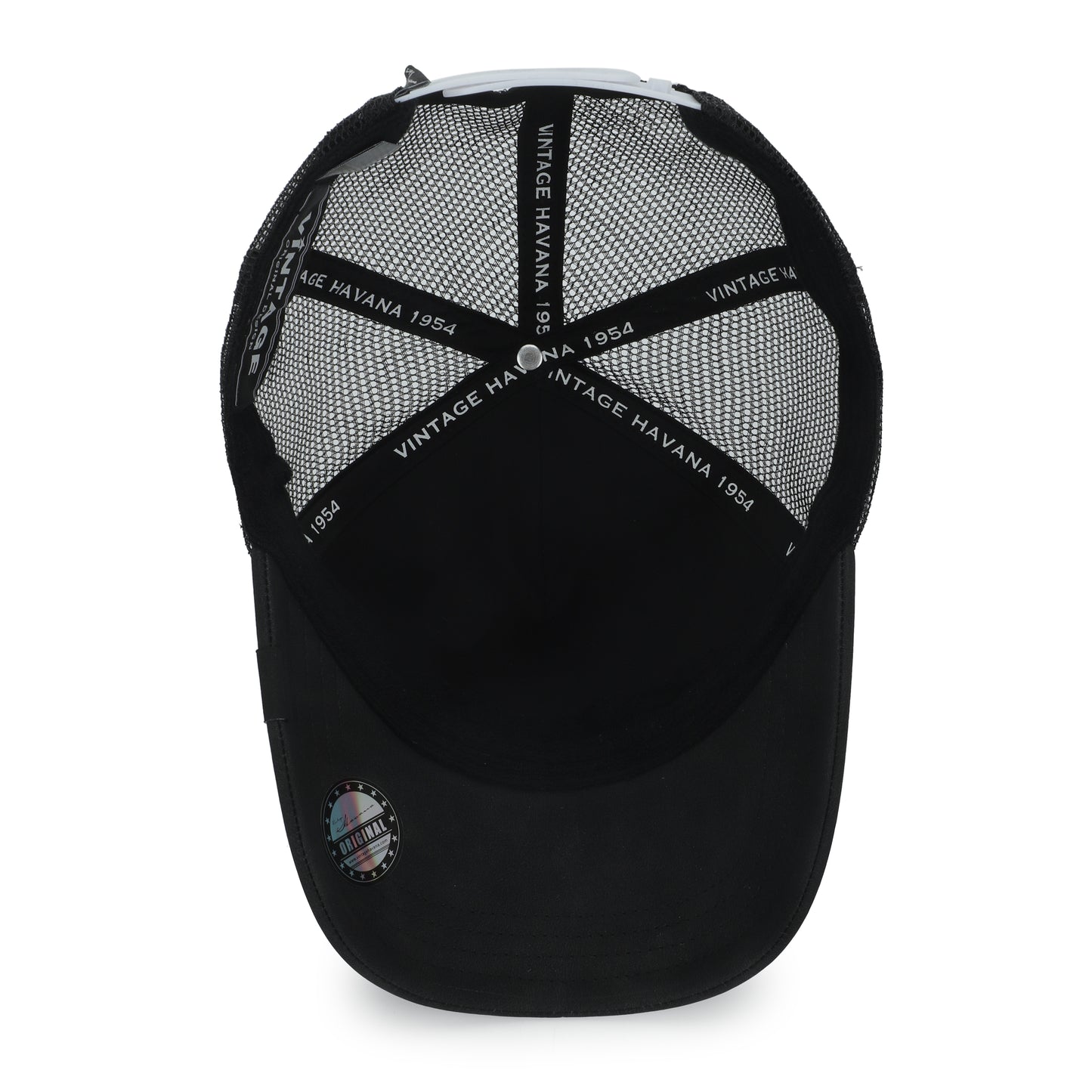 Vintage Havana Trucker Hat for Women & Men – Black Faux Nubuck Leather & Mesh Adjustable Cap with White Cracked Leather Star
