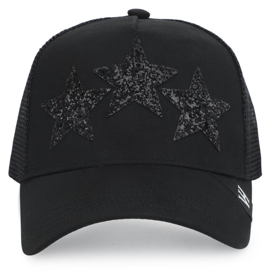 Vintage Havana Black Trucker Hat for Women – Canvas & Mesh Adjustable Snapback Baseball Cap with 3 Black Glitter Stars