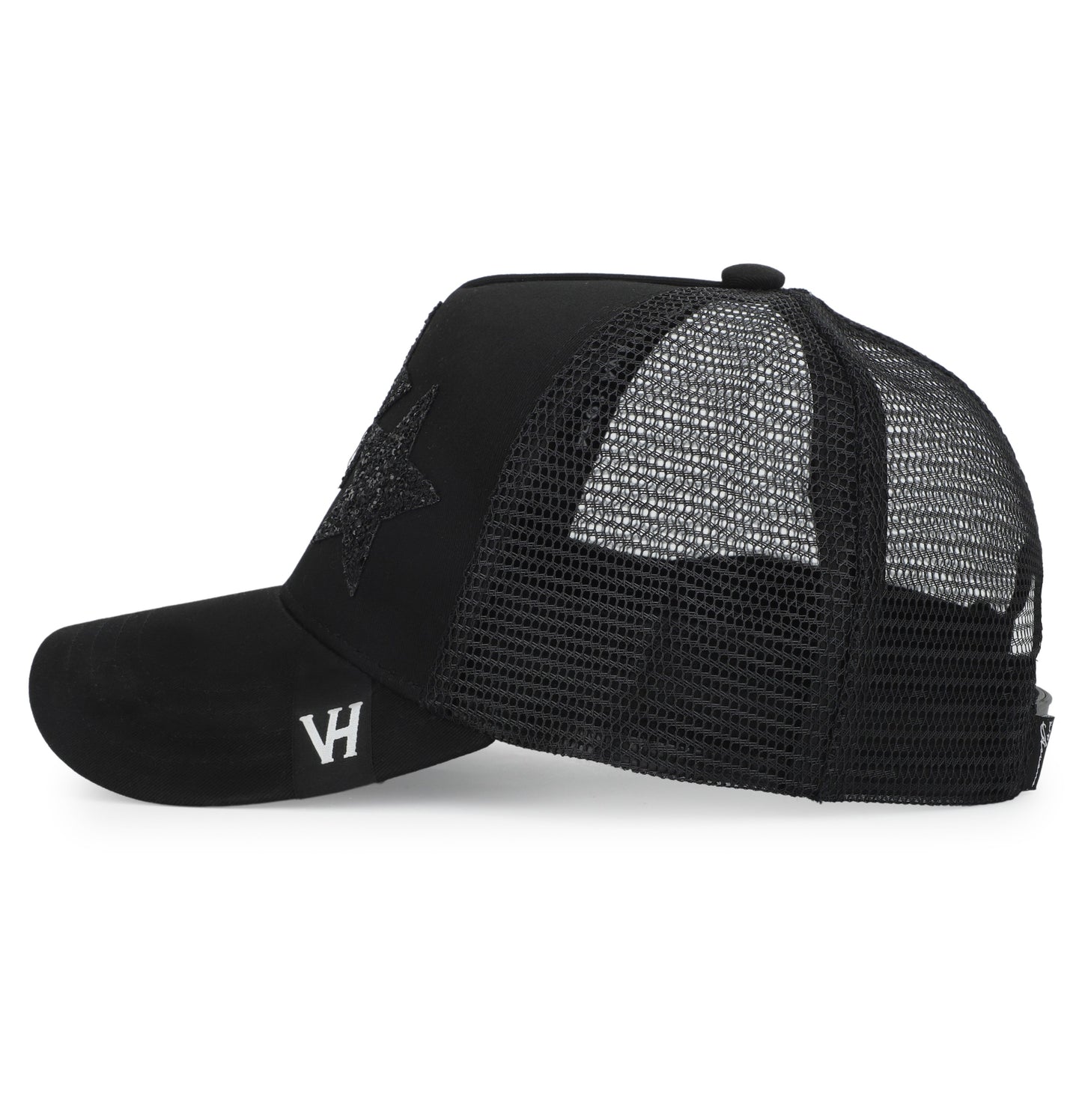Vintage Havana Black Trucker Hat for Women – Canvas & Mesh Adjustable Snapback Baseball Cap with 3 Black Glitter Stars