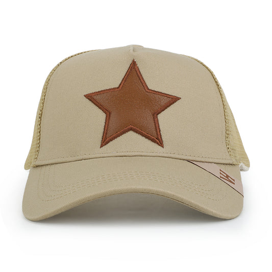 Vintage Havana Trucker Hat for Women & Men – Khaki Mesh & Canvas Adjustable Cap with Brown Cracked Leather Star