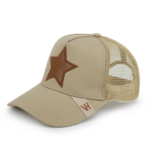 Vintage Havana Trucker Hat for Women & Men – Khaki Mesh & Canvas Adjustable Cap with Brown Cracked Leather Star