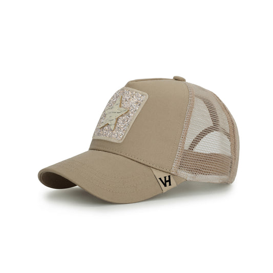 Vintage Havana Trucker Hat for Women – Khaki Mesh & Canvas Adjustable Cap with Glitter Patch & Crocodile Star