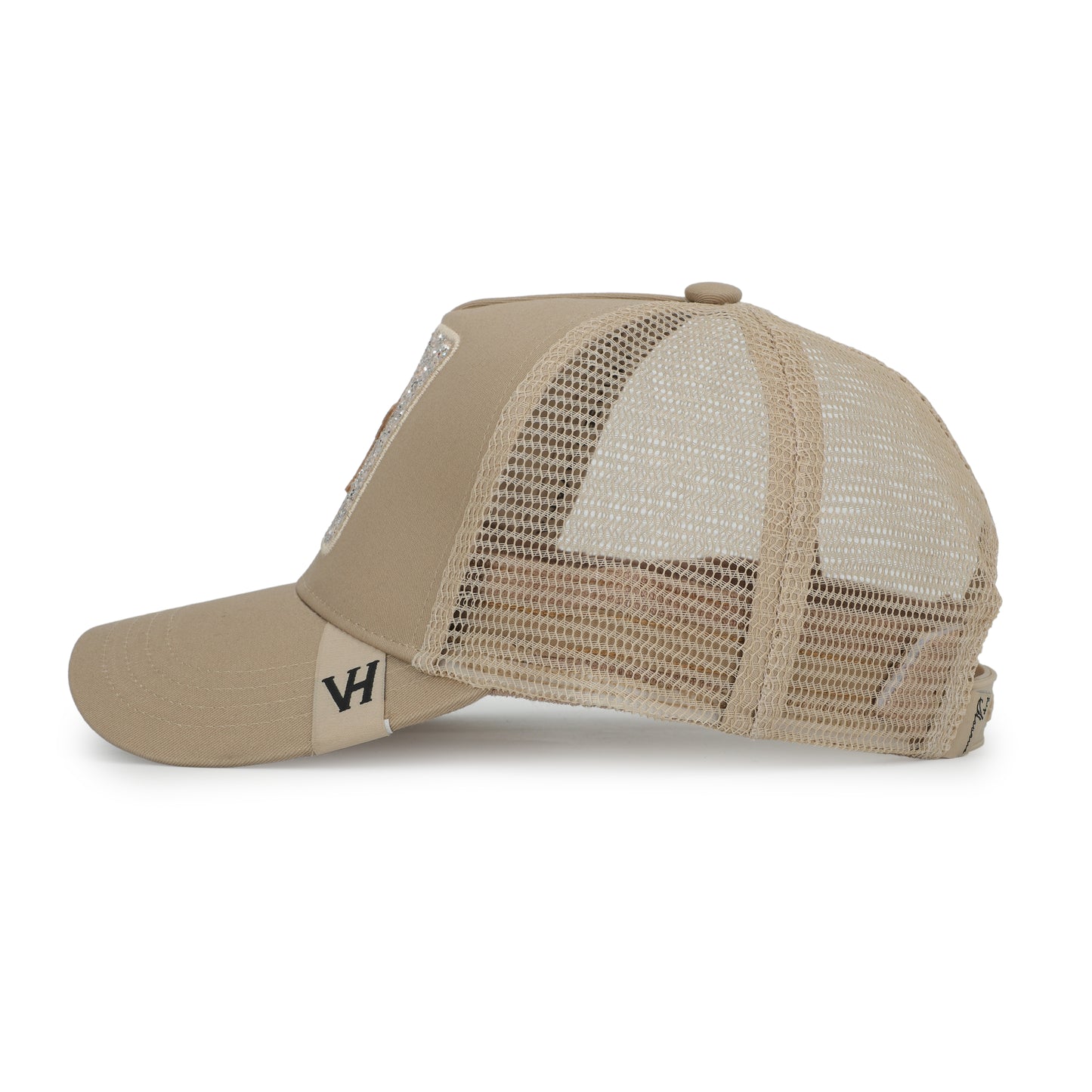 Vintage Havana Trucker Hat for Women – Khaki Mesh & Canvas Adjustable Cap with Glitter Patch & Crocodile Star