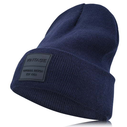 Vintage Havana Navy Beanie for Women & Men | Thick Cuffed Knitted Winter Hat Beanies Unisex Skull Caps| Vintage Logo Patch