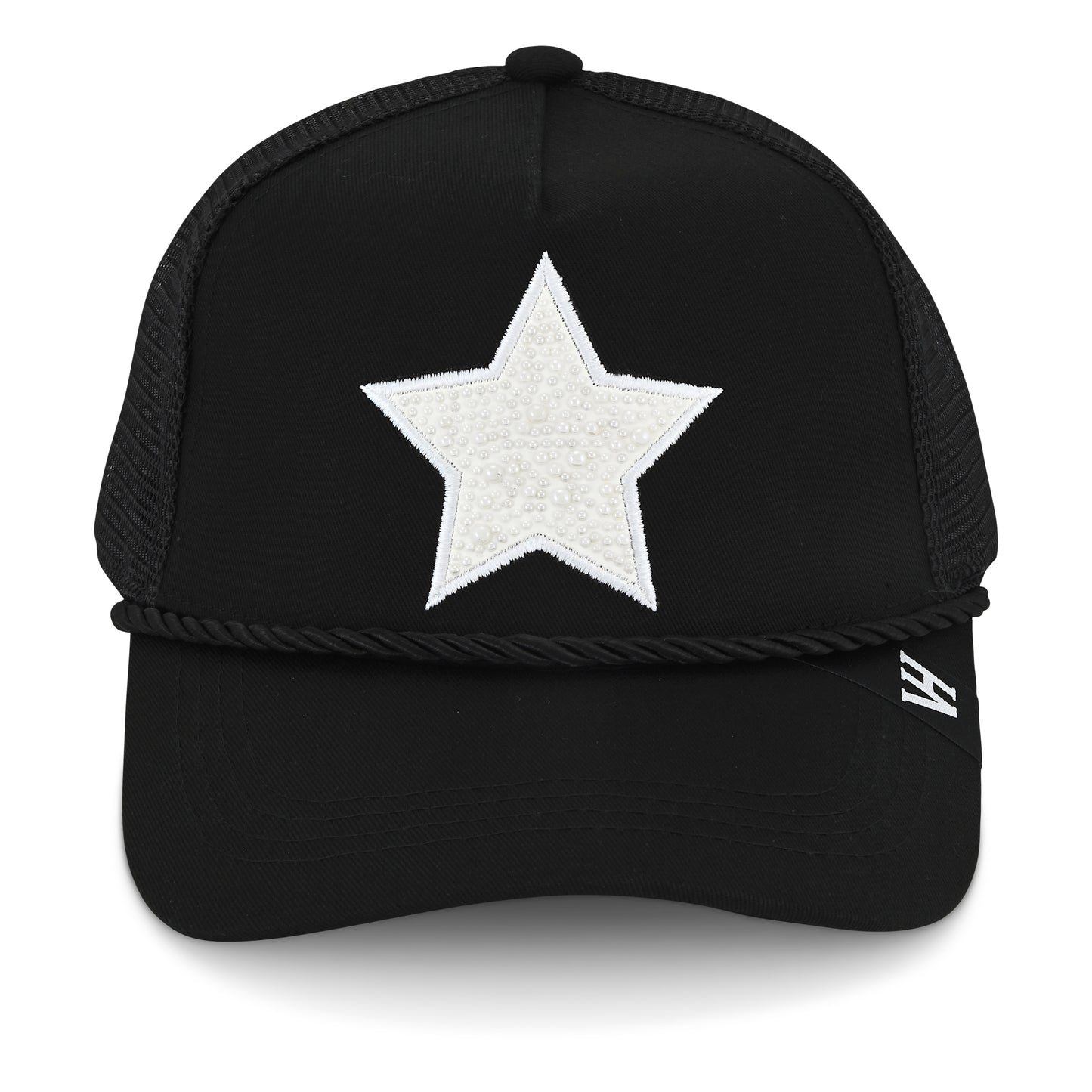 Vintage Havana Trucker Hat for Women – Black Mesh & Canvas Adjustable Cap with White Pearl Star & Rope