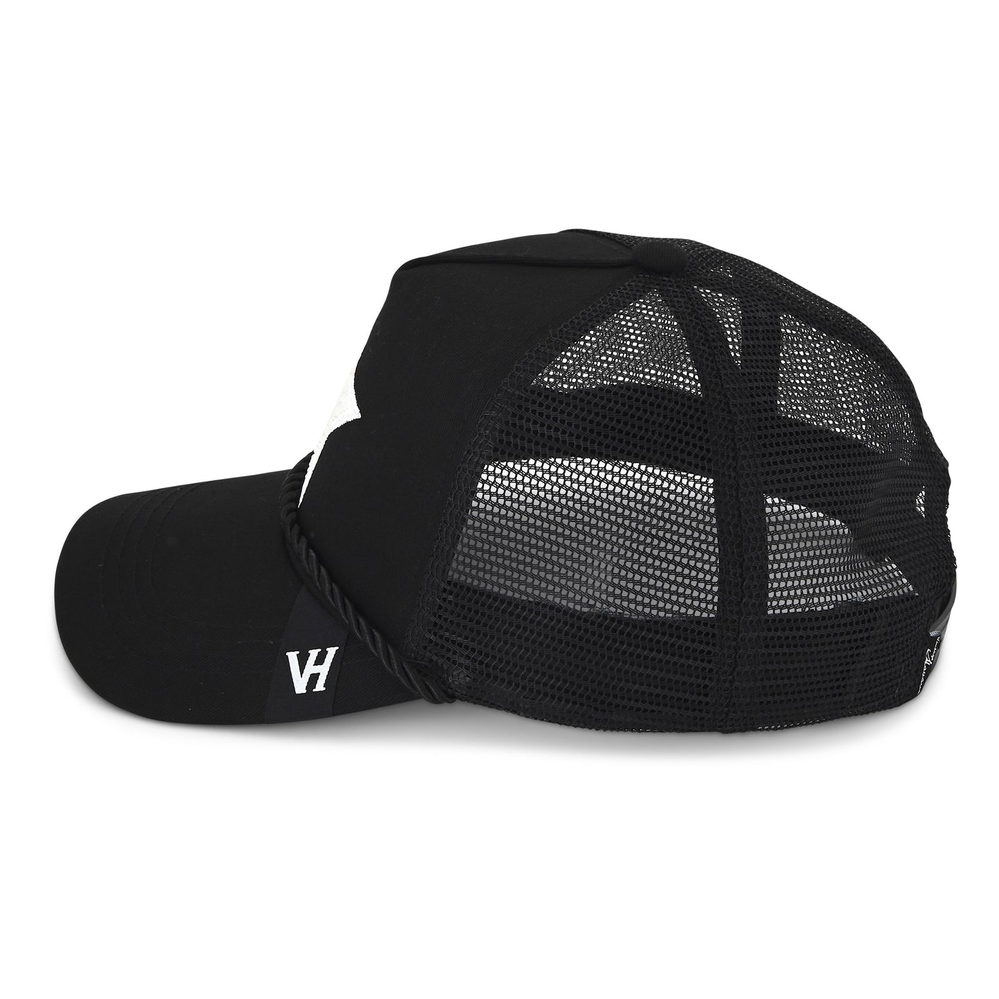 Vintage Havana Trucker Hat for Women – Black Mesh & Canvas Adjustable Cap with White Pearl Star & Rope