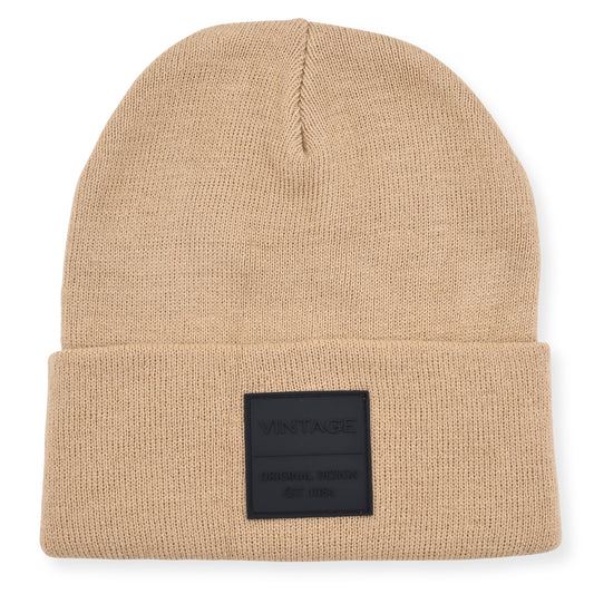 Vintage Havana Beige Beanie for Women & Men | Thick Cuffed Knitted Winter Hat Beanies Unisex Skull Caps| Vintage Logo Patch