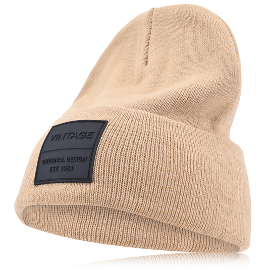 Vintage Havana Beige Beanie for Women & Men | Thick Cuffed Knitted Winter Hat Beanies Unisex Skull Caps| Vintage Logo Patch