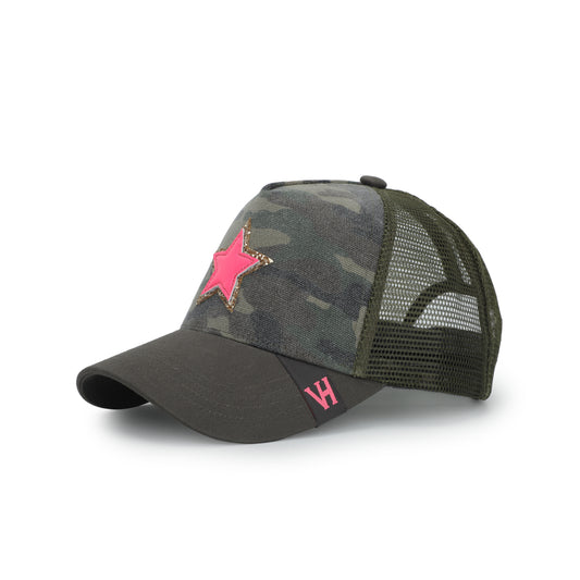 Vintage Havana Trucker Hat for Women – Camo Canvas & Mesh Adjustable Cap with Neon Pink Star