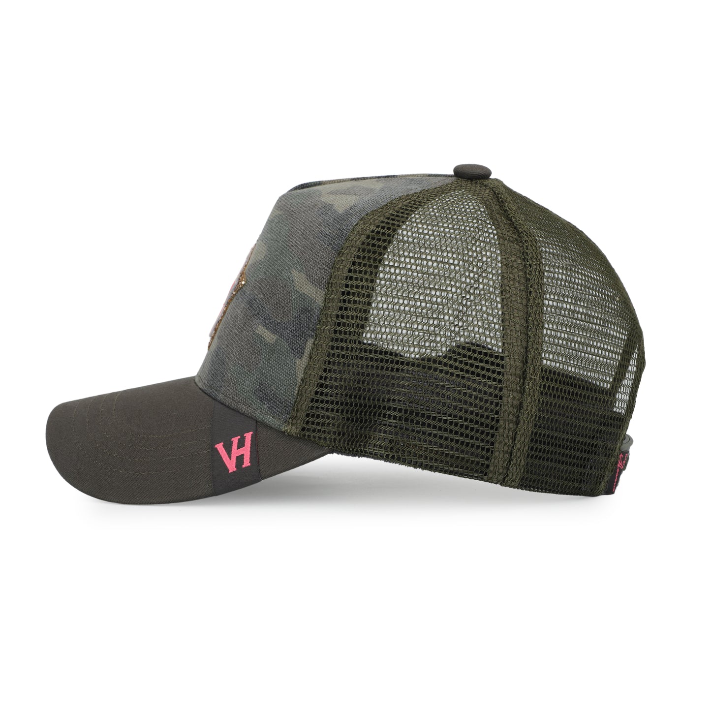 Vintage Havana Trucker Hat for Women – Camo Canvas & Mesh Adjustable Cap with Neon Pink Star