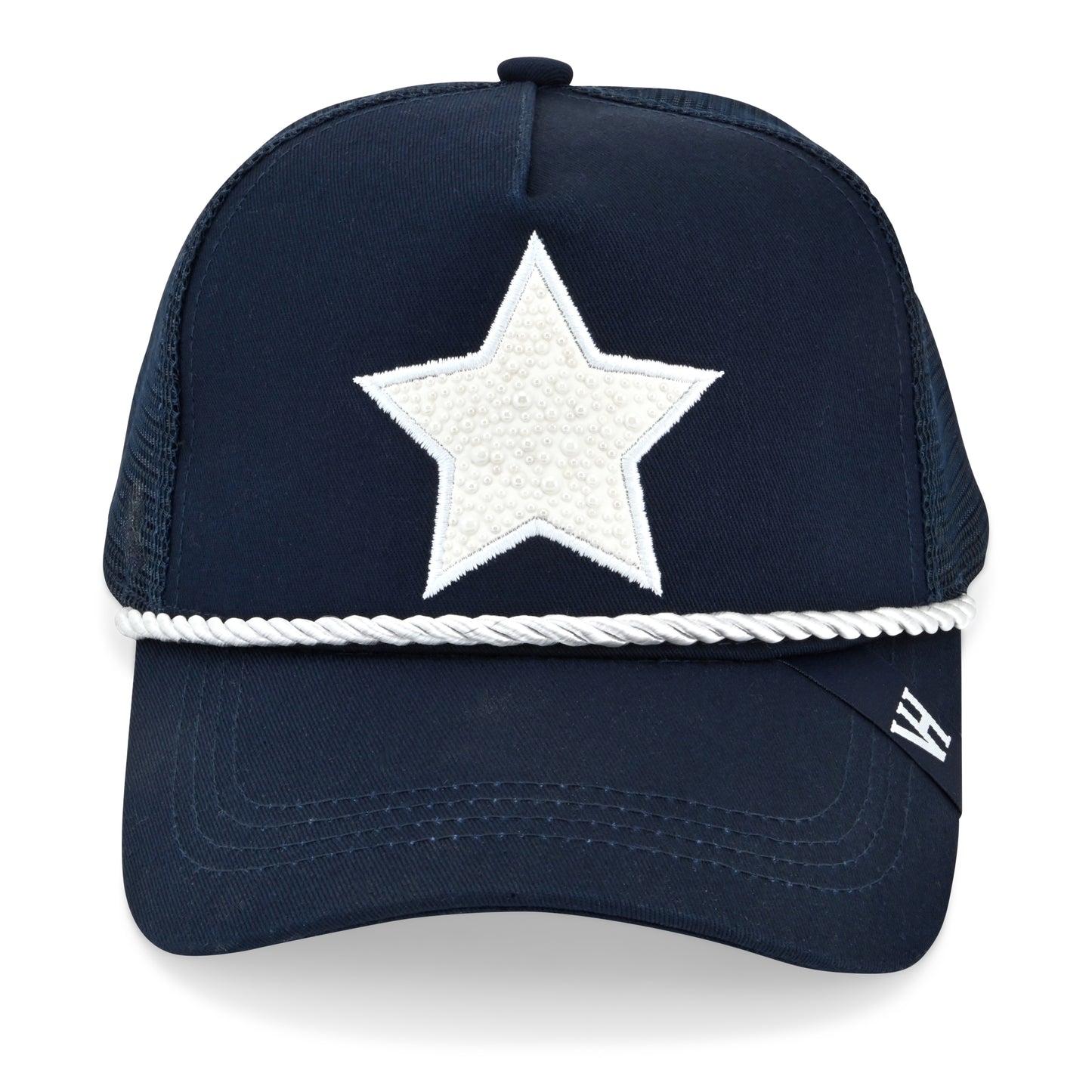 Vintage Havana Trucker Hat for Women – Navy Mesh & Canvas Adjustable Cap with Pearl Star & Rope