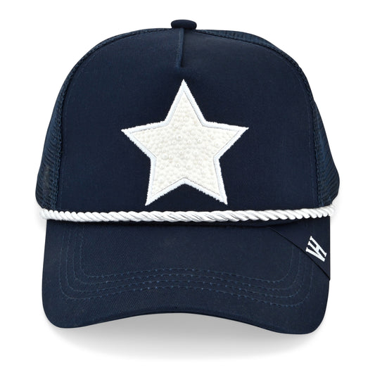 Vintage Havana Trucker Hat for Women – Navy Mesh & Canvas Adjustable Cap with Pearl Star & Rope