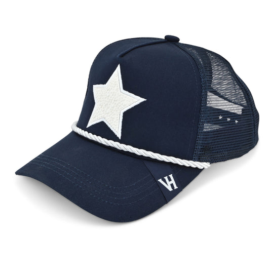 Vintage Havana Trucker Hat for Women – Navy Mesh & Canvas Adjustable Cap with Pearl Star & Rope