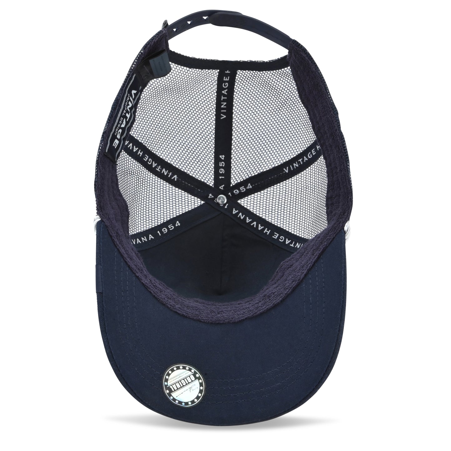 Vintage Havana Trucker Hat for Women – Navy Mesh & Canvas Adjustable Cap with Pearl Star & Rope