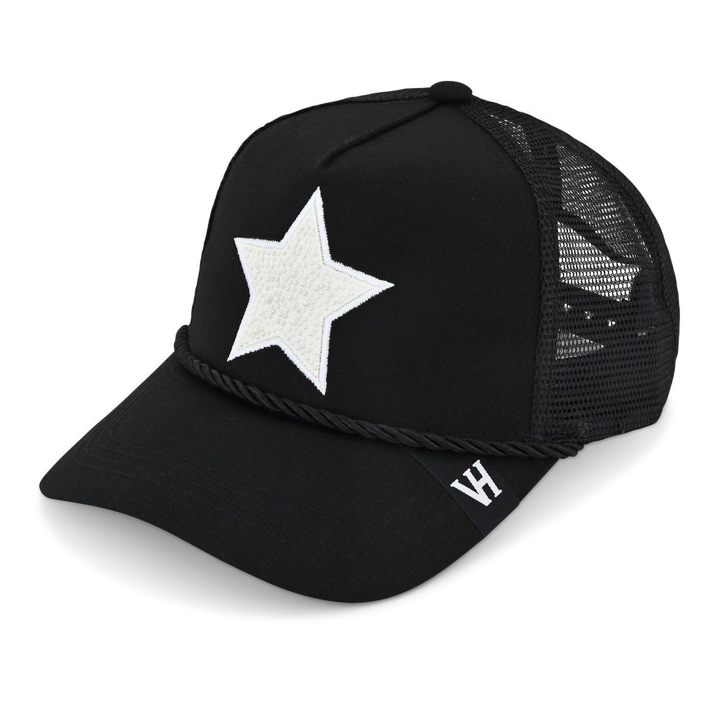 Vintage Havana Trucker Hat for Women – Black Mesh & Canvas Adjustable Cap with White Pearl Star & Rope