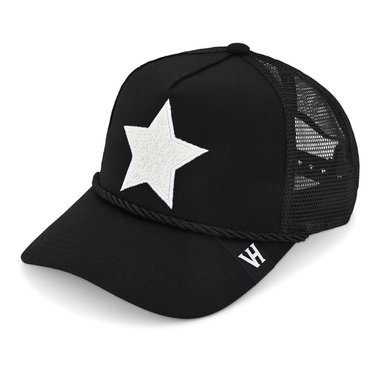 Vintage Havana Trucker Hat for Women – Black Mesh & Canvas Adjustable Cap with White Pearl Star & Rope