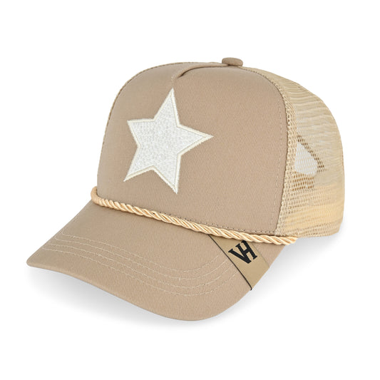 Vintage Havana Trucker Hat for Women – Khaki Mesh & Canvas Adjustable Cap with White Pearl Star & Rope