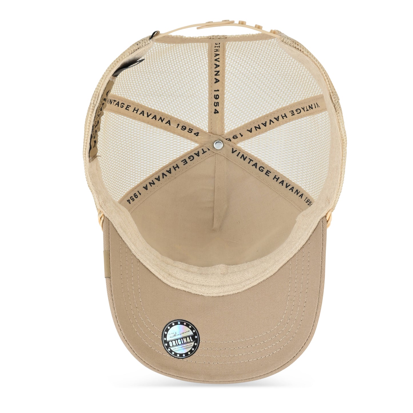 Vintage Havana Trucker Hat for Women – Khaki Mesh & Canvas Adjustable Cap with White Pearl Star & Rope