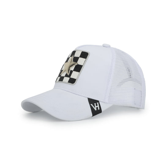 Vintage Havana Trucker Hat for Women – White Mesh & Canvas Adjustable Cap with Checkered Patch & Washed Gold Star