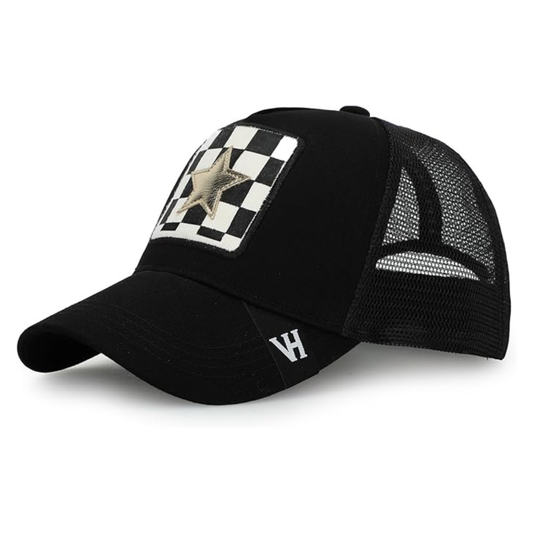 Vintage Havana Trucker Hat for Women – Black Mesh & Canvas Adjustable Cap with Checkered Patch & Washed Gold Star