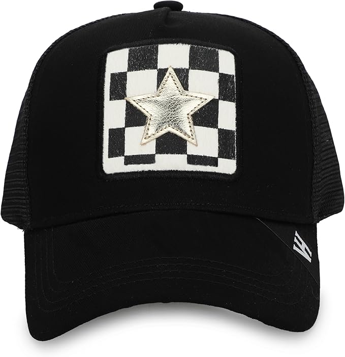 Vintage Havana Trucker Hat for Women – Black Mesh & Canvas Adjustable Cap with Checkered Patch & Washed Gold Star