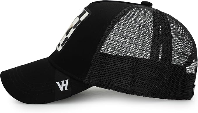 Vintage Havana Trucker Hat for Women – Black Mesh & Canvas Adjustable Cap with Checkered Patch & Washed Gold Star