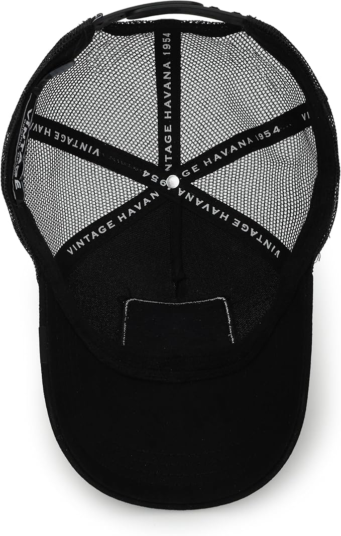 Vintage Havana Trucker Hat for Women – Black Mesh & Canvas Adjustable Cap with Checkered Patch & Washed Gold Star