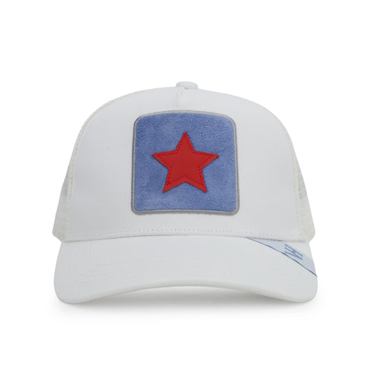 Vintage Havana Trucker Hat for Women – Off White Mesh & Canvas Adjustable Cap with Blue Suede Patch & Red Star