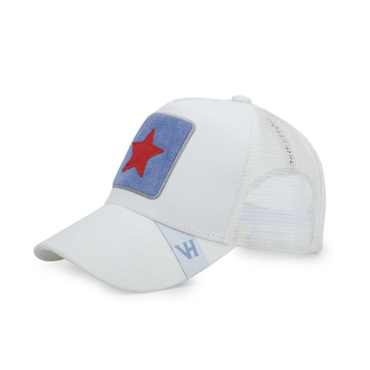 Vintage Havana Trucker Hat for Women – Off White Mesh & Canvas Adjustable Cap with Blue Suede Patch & Red Star